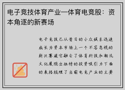 电子竞技体育产业—体育电竞股：资本角逐的新赛场